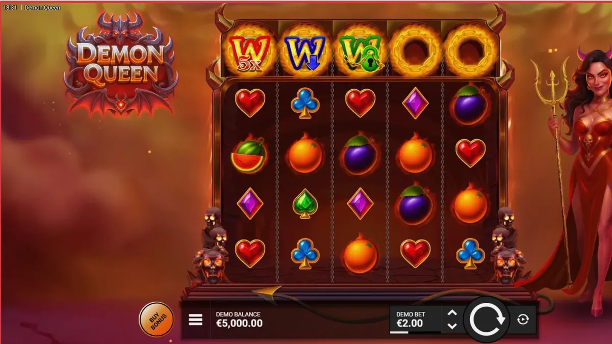 Tampilan visual slot Demon Queen dengan tema gothic dan lava